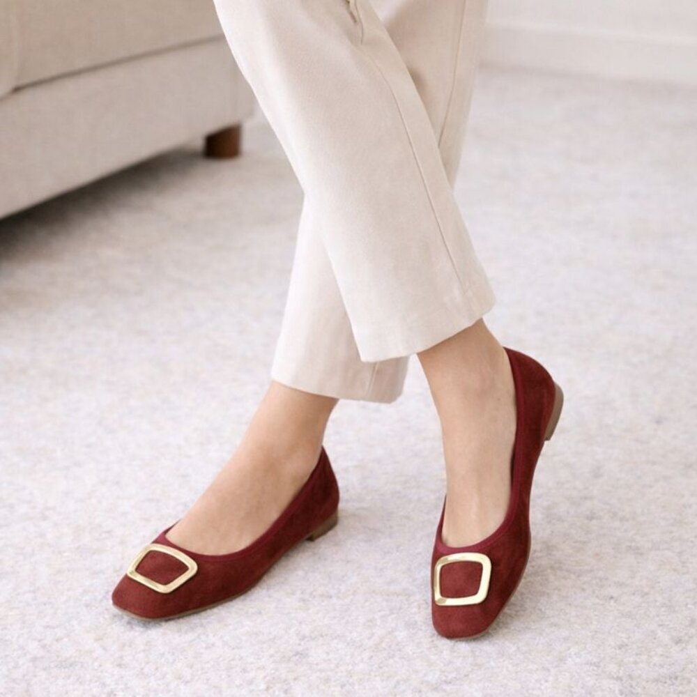 Avellini Burgundy Suede Ballet Flats Square Toe Buckle Size 9.5 - Picture 2 of 11